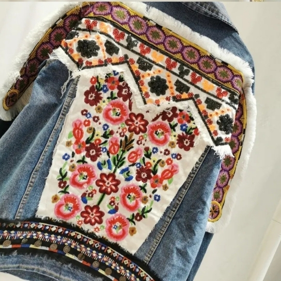 Oversized Embroidered,  Tribal Print, Jean Jacket - Picture 12 of 16